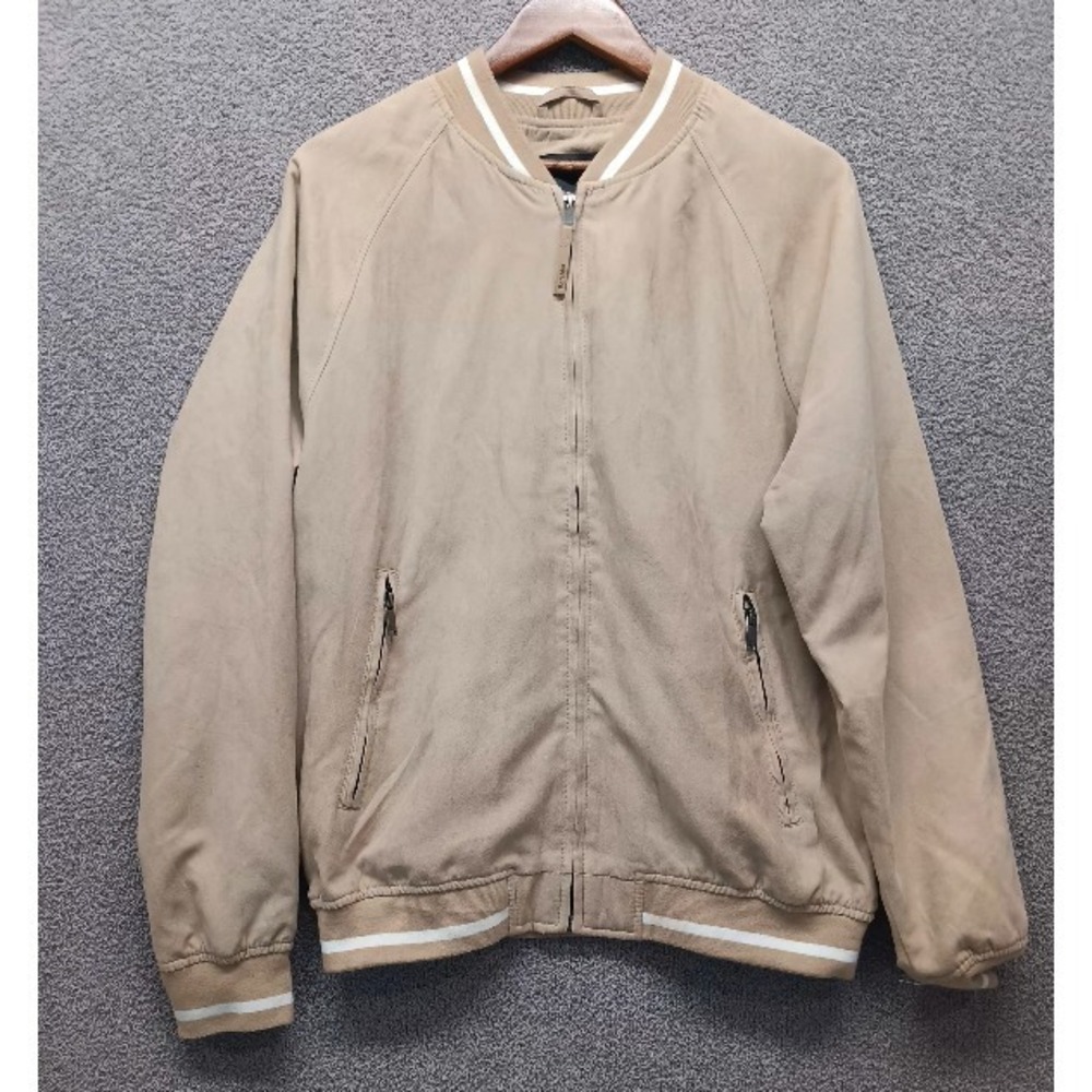 Bershka Men's Bomber Jacket Tan Beige Size L Zip Up Lightweight Casual‎